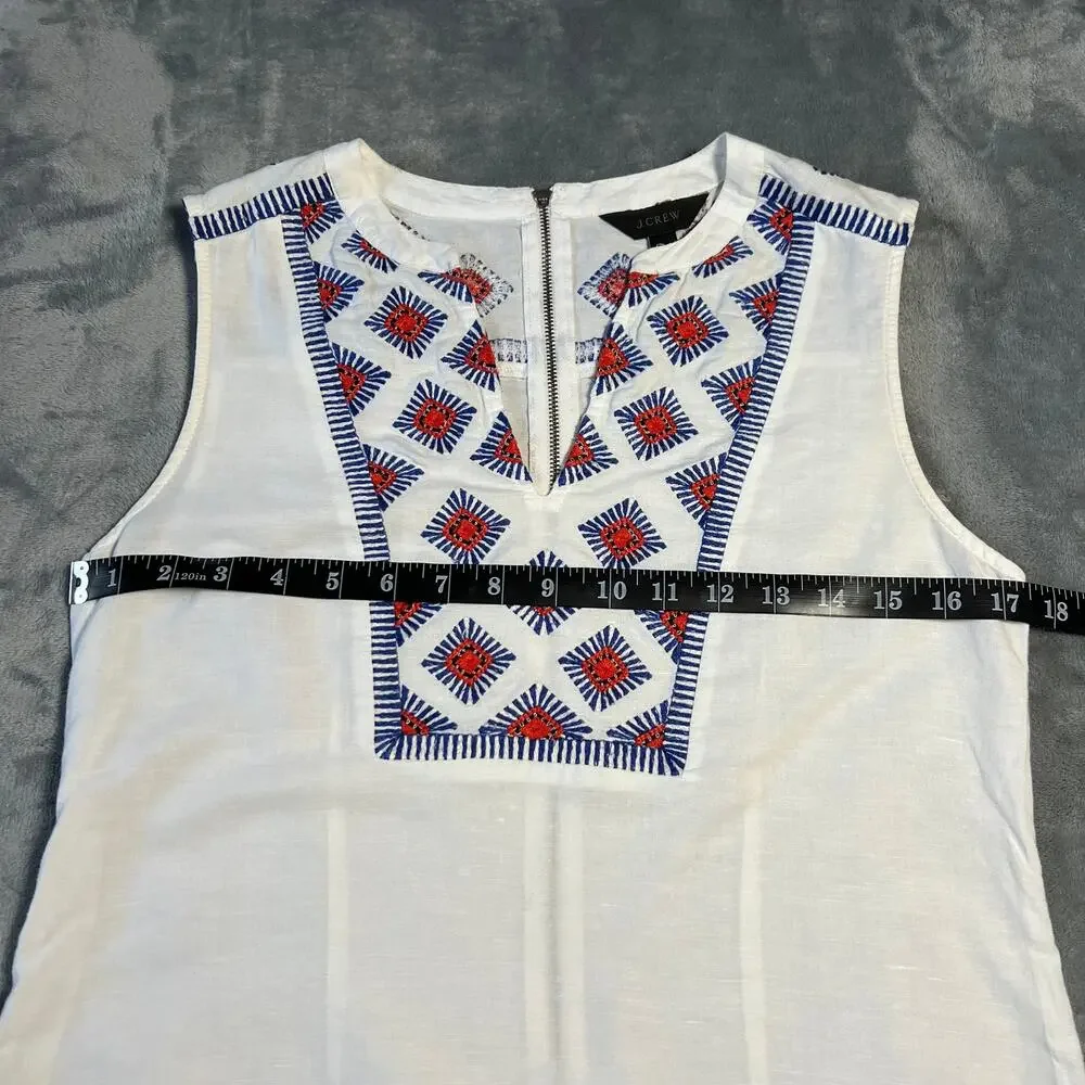J. Crew Sleeveless V-Neck Embroidered Sunburst Dress Size XS Linen Cotton Boho